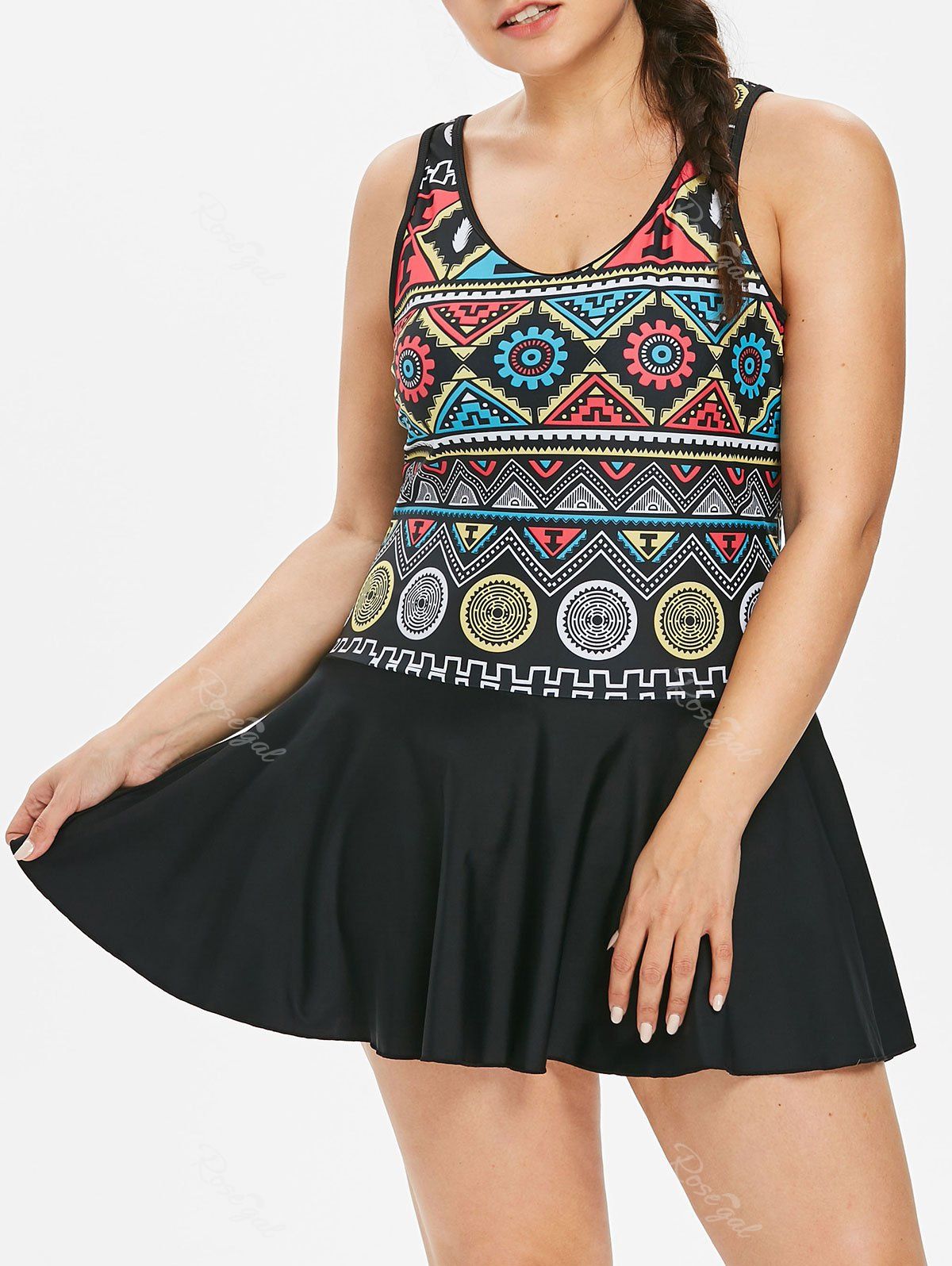 

Geometric Plus Size Skirted Swimsuit, Black
