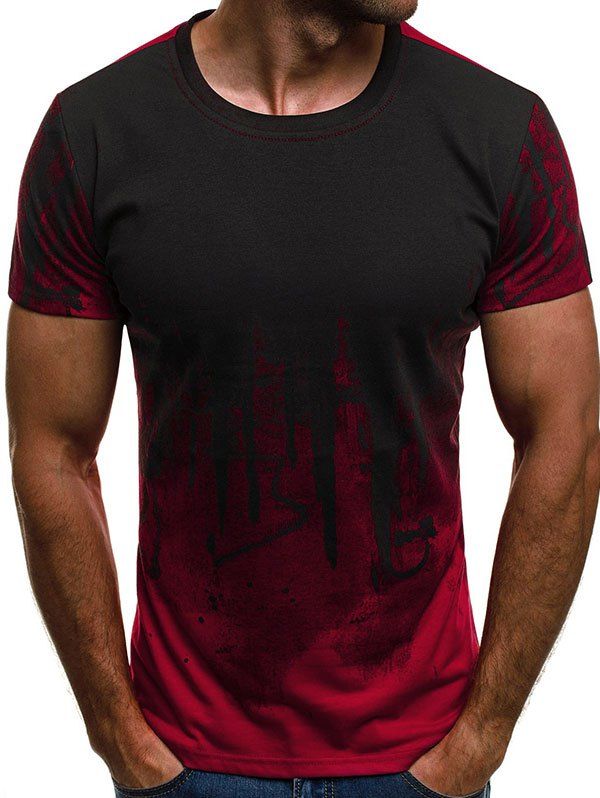 

Color Block Ink Painting Print Short Sleeve T-shirt, Red