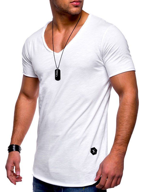

Raw Edge V-neck Curved Hem T-shirt, White