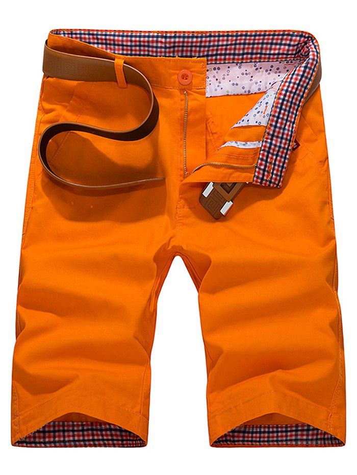 

Check Print Panel Zipper Fly Bermuda Shorts, Bright orange
