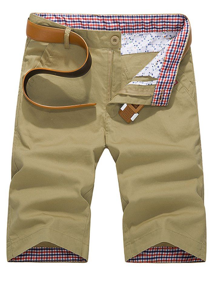 

Check Print Panel Zipper Fly Bermuda Shorts, Light khaki