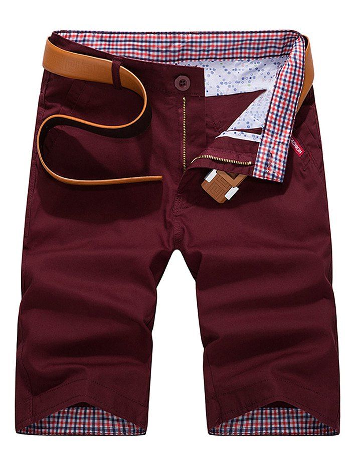 

Check Print Panel Zipper Fly Bermuda Shorts, Red wine