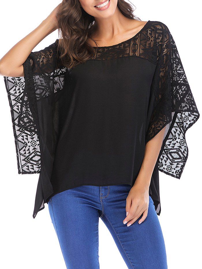 

Lace Round Neck Batwing Sleeve Loose Blouse, Black