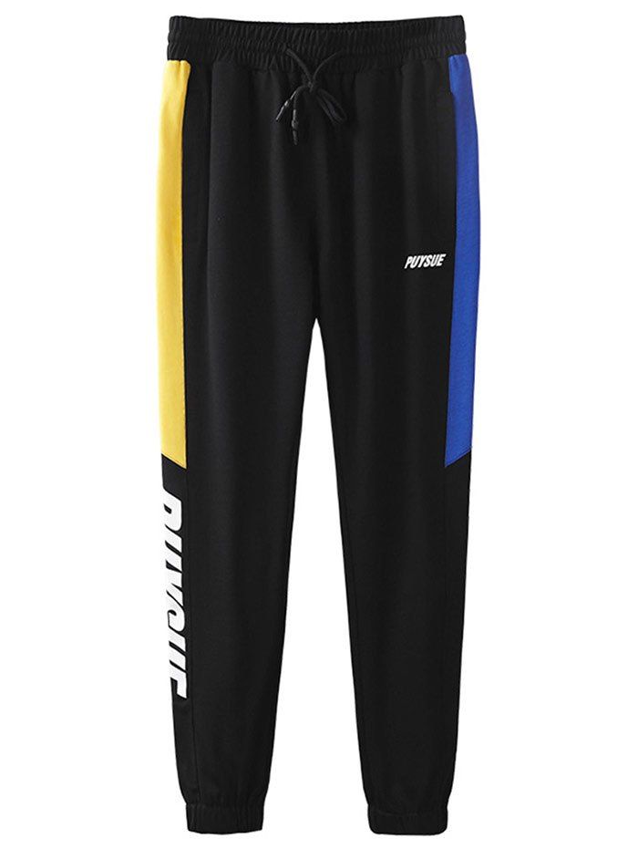 

Drawstring Letter Print Panel Jogger Pants, Black