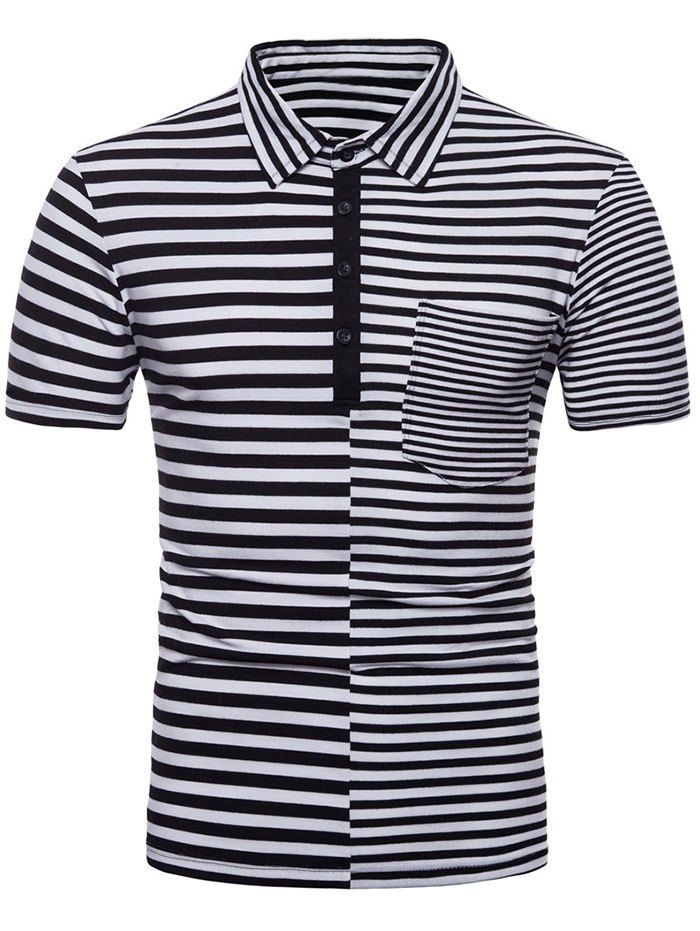 

Striped Splicing Polo Shirt with Pocket, Black