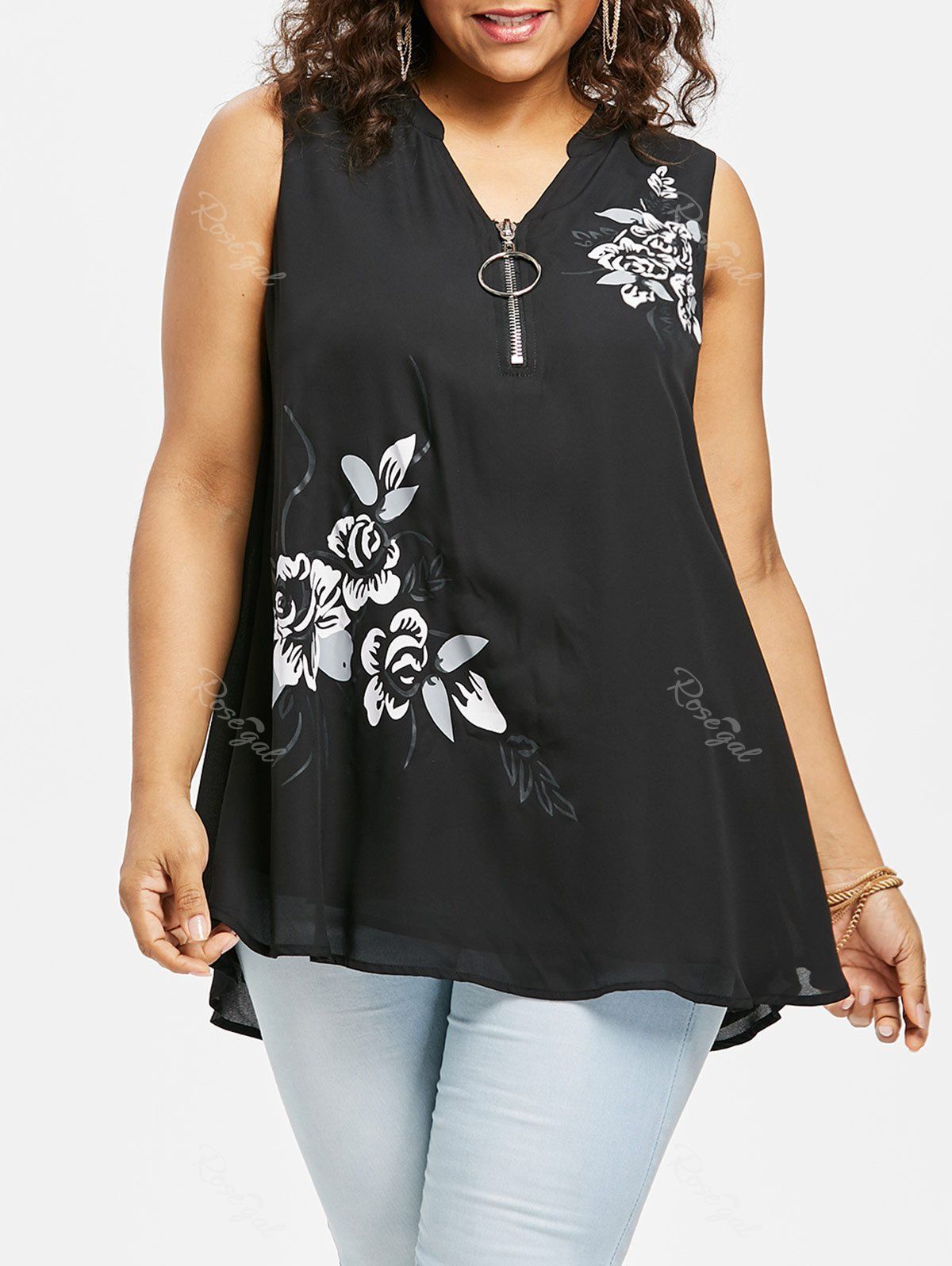 

Plus Size Floral Sleeveless Breezy Blouse, Black