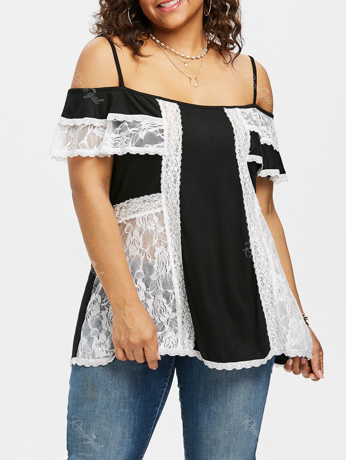 

Plus Size Lace Panel Overlay T-shirt, Black