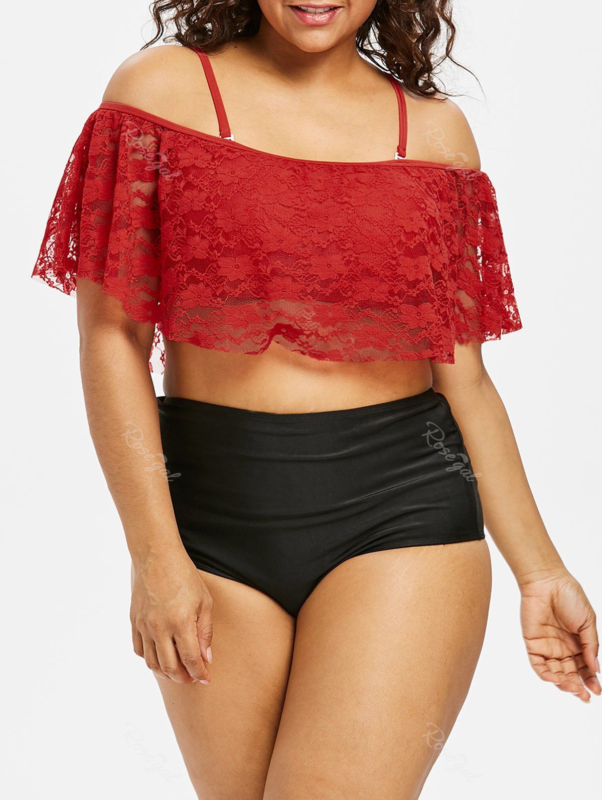 

Plus Size Two Tone Overlay Bikini Set, Red