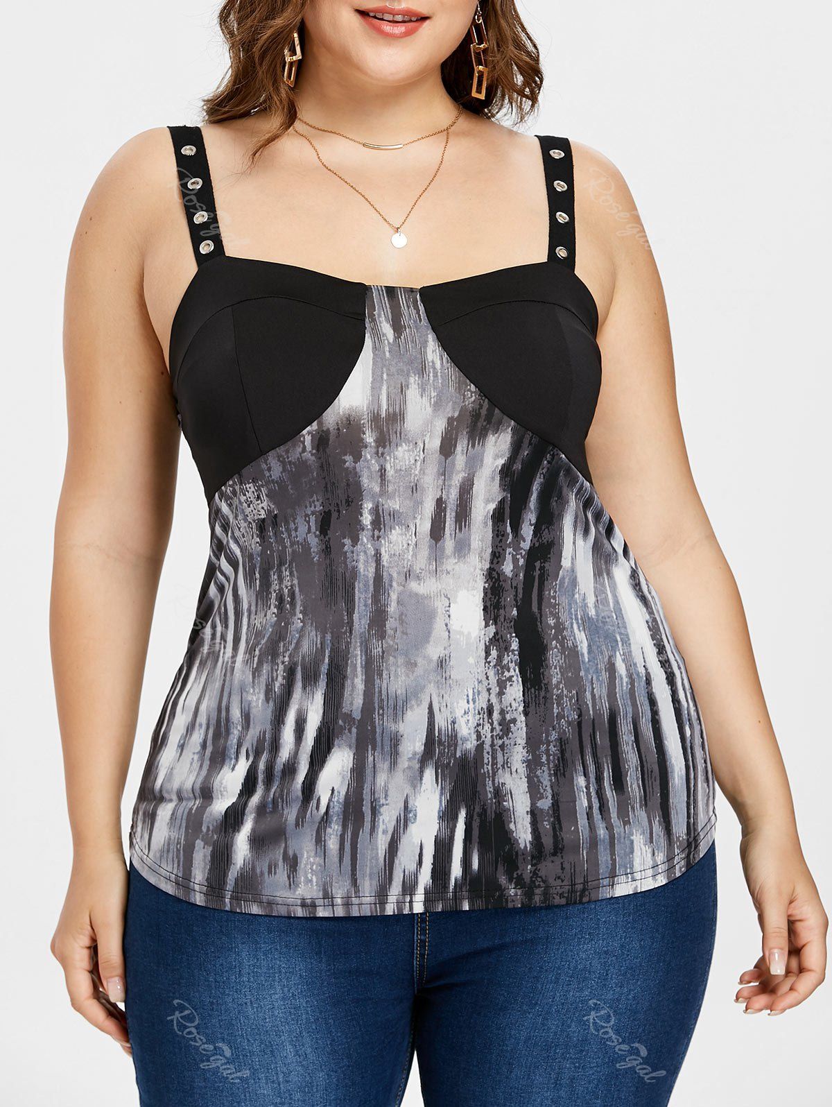 

Plus Size Tie Dye Embellished Tank Top, Black
