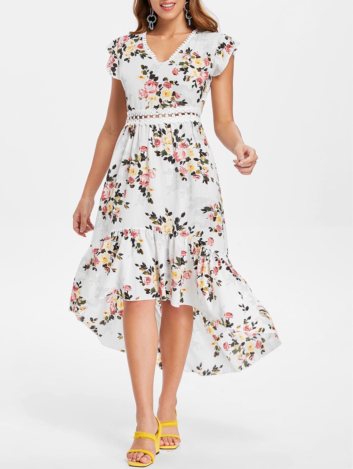 

Floral Print Back Cut Out High Low Dress, White
