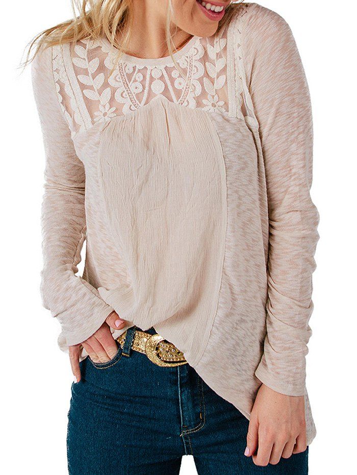 

Lace Patchwork Long Sleeve Casual Blouse, Warm white