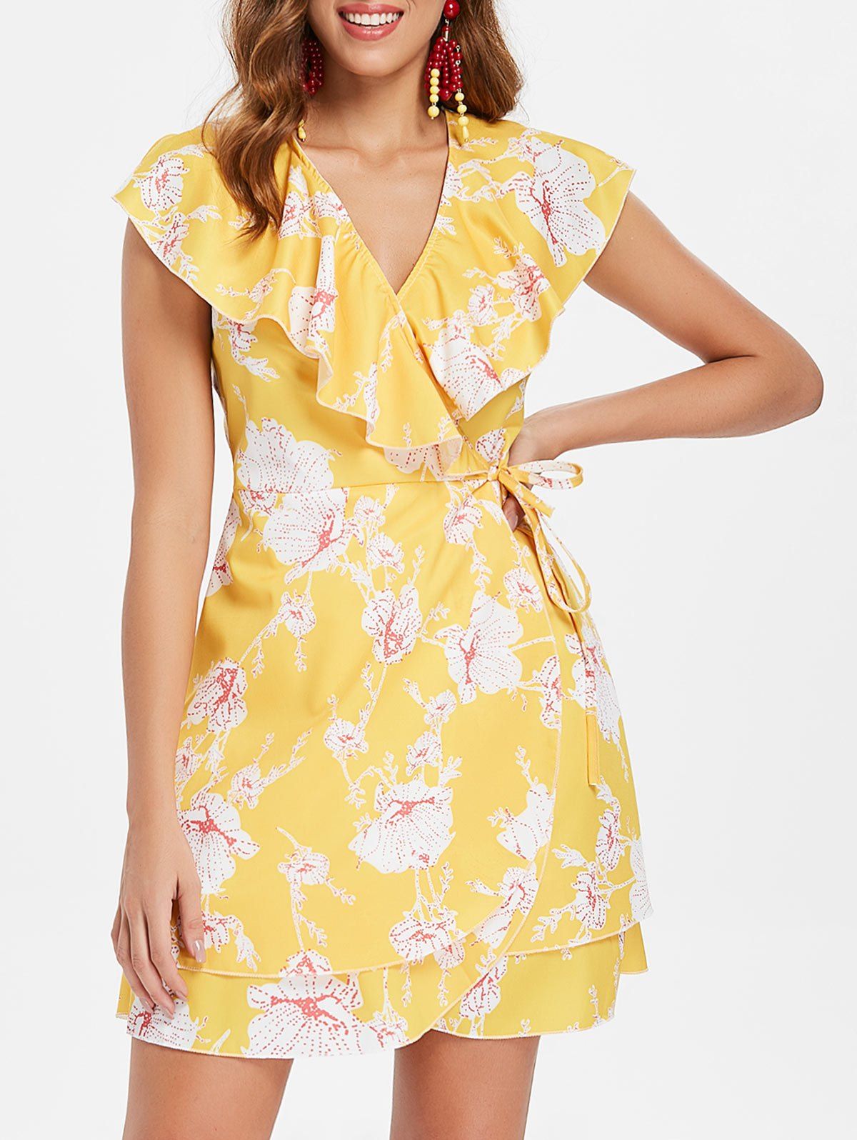 

Floral Print Ruffle Insert Wrap Dress, Yellow