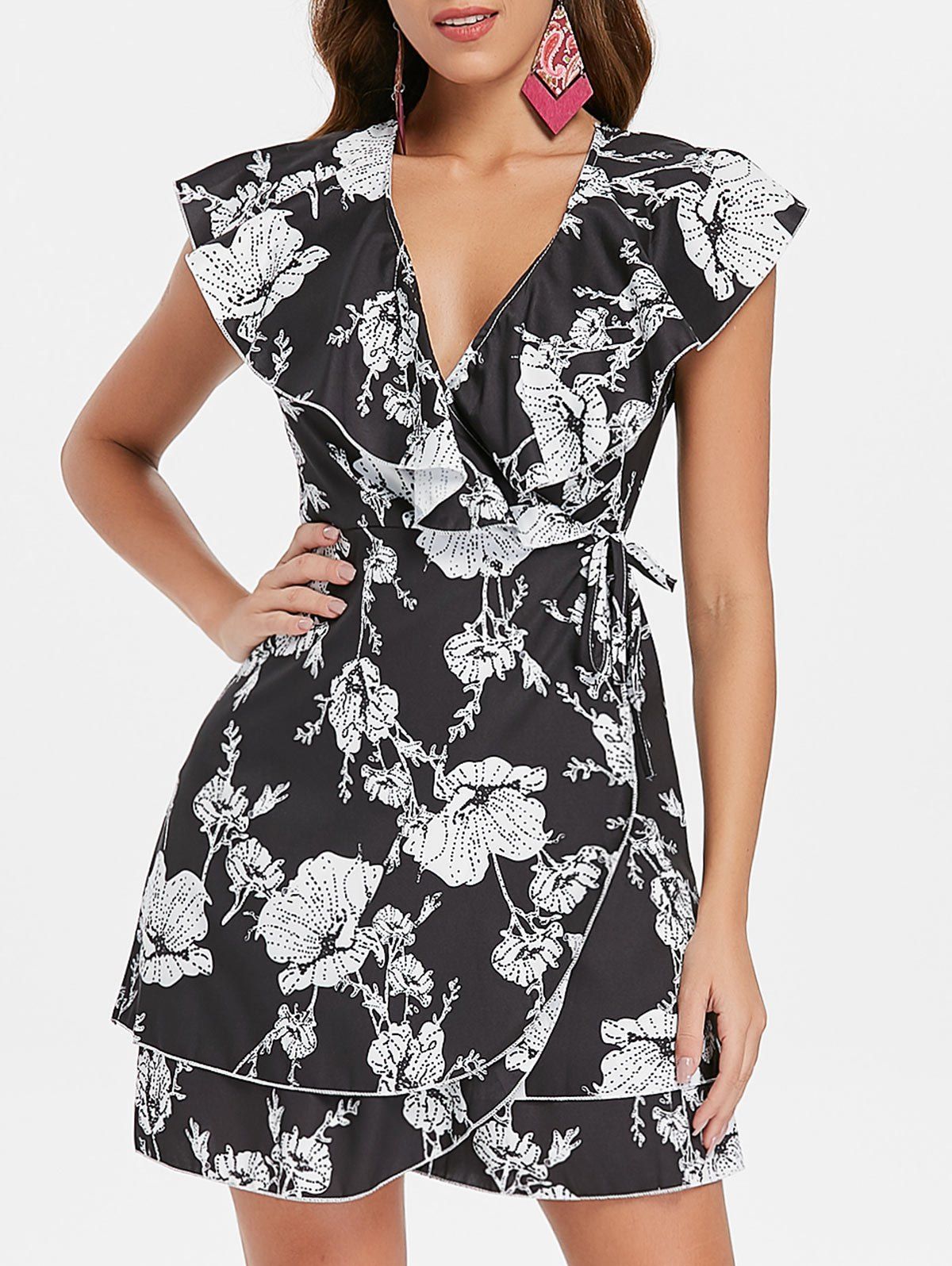 

Floral Print Ruffle Insert Wrap Dress, Black