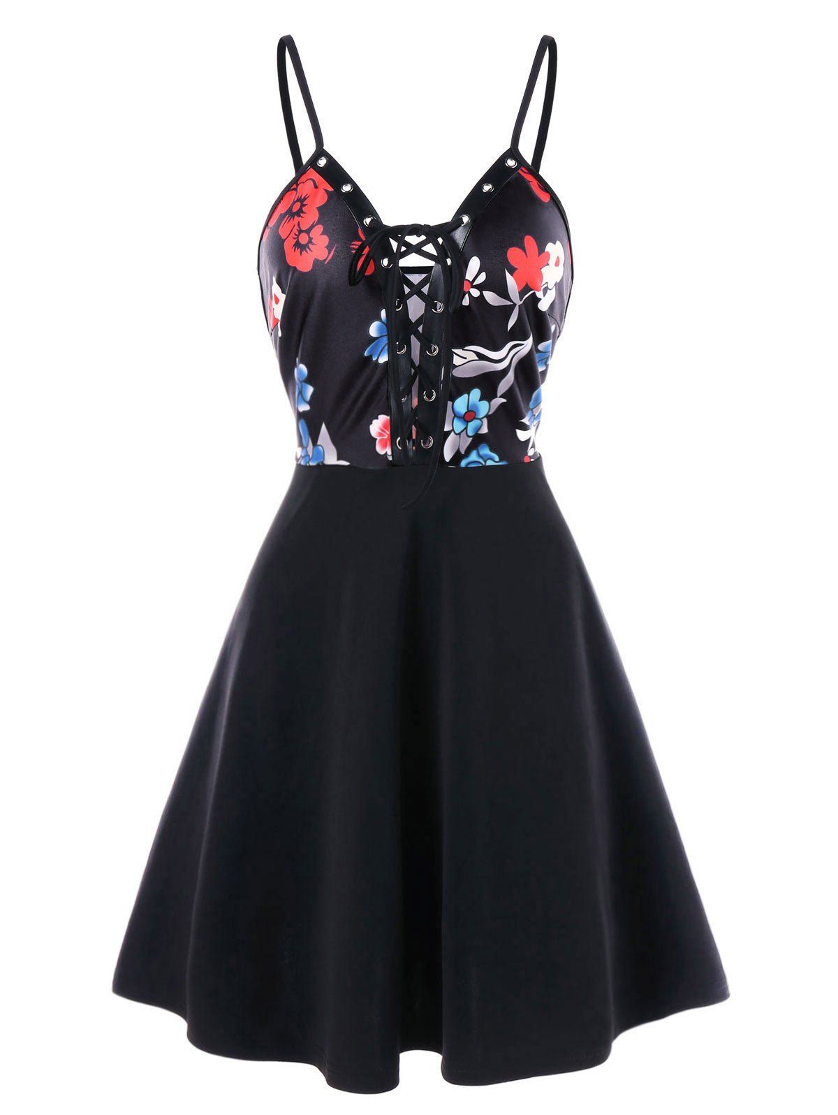 

Floral Lace Up Mini Cami Dress, Black