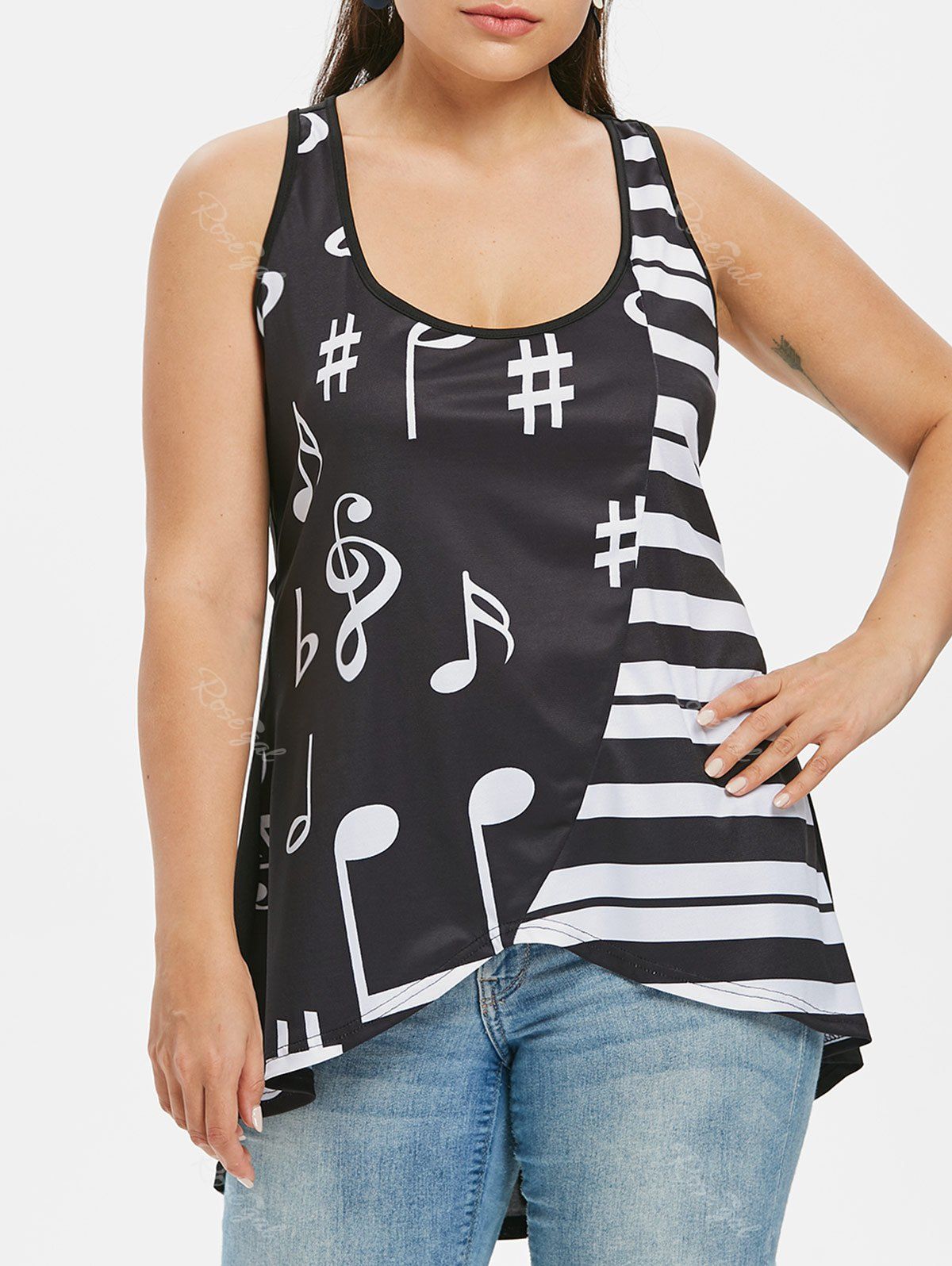 

Plus Size U Neck Music Note Tank Top, Black