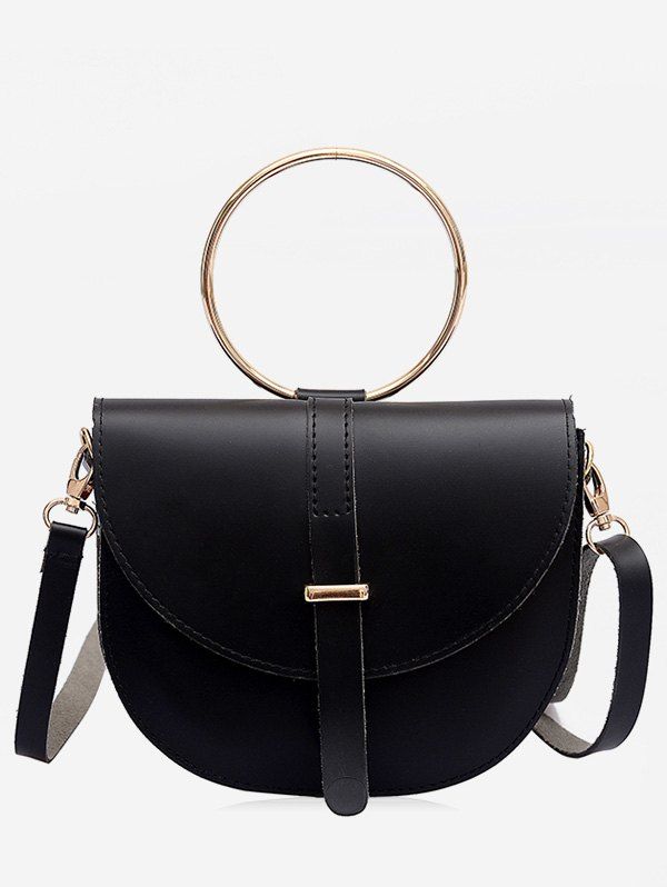 

Flapped Faux Leather Ring Buckled Crossbody Bag, Black