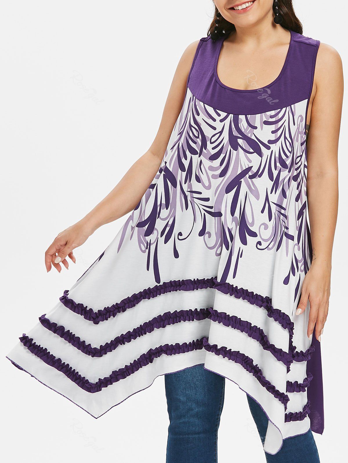 

Plus Size Flounced Panel Cutout Crescent Hem Tank Top, Purple haze