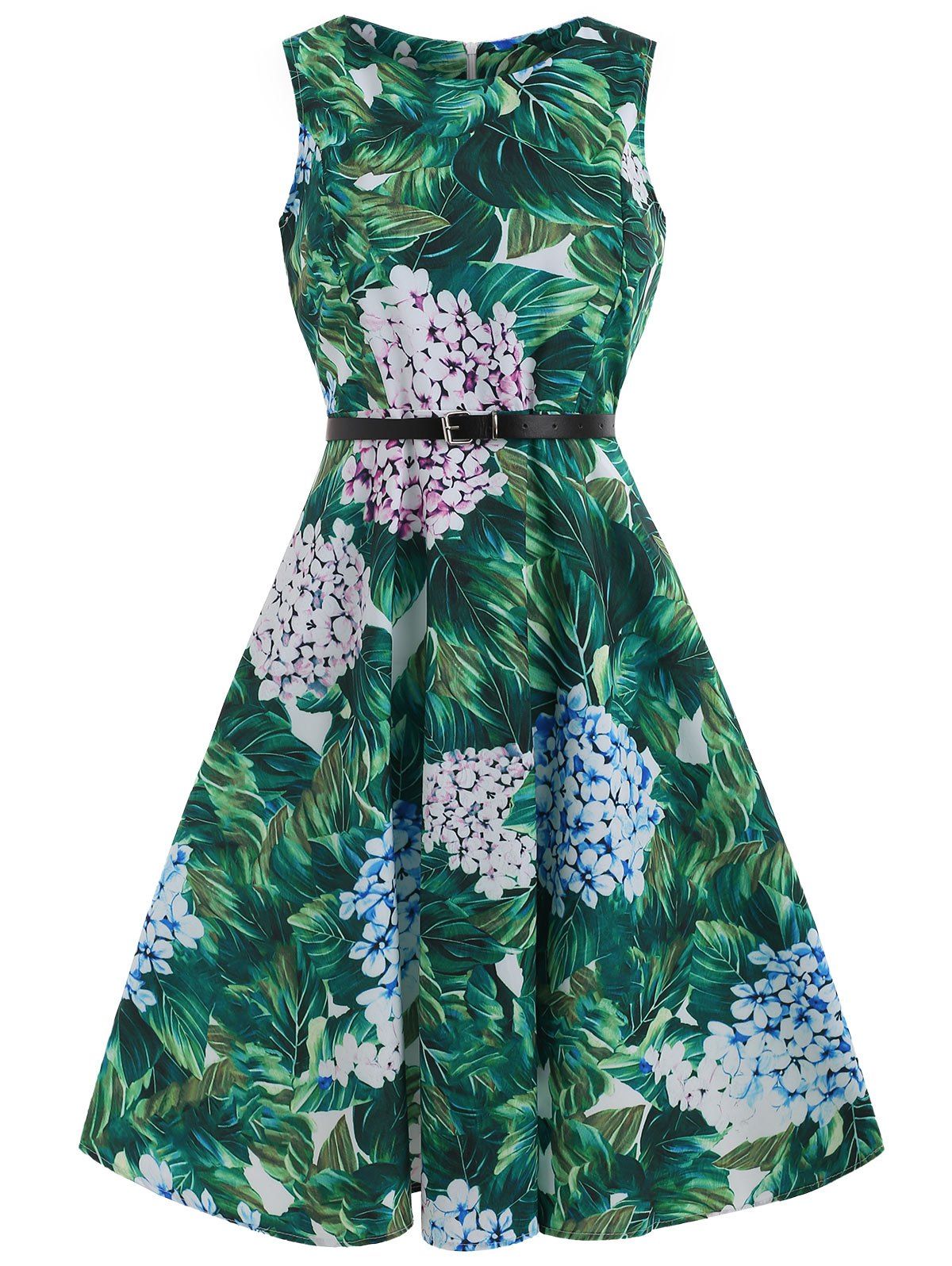 

Floral Print Dress with Belt, Green