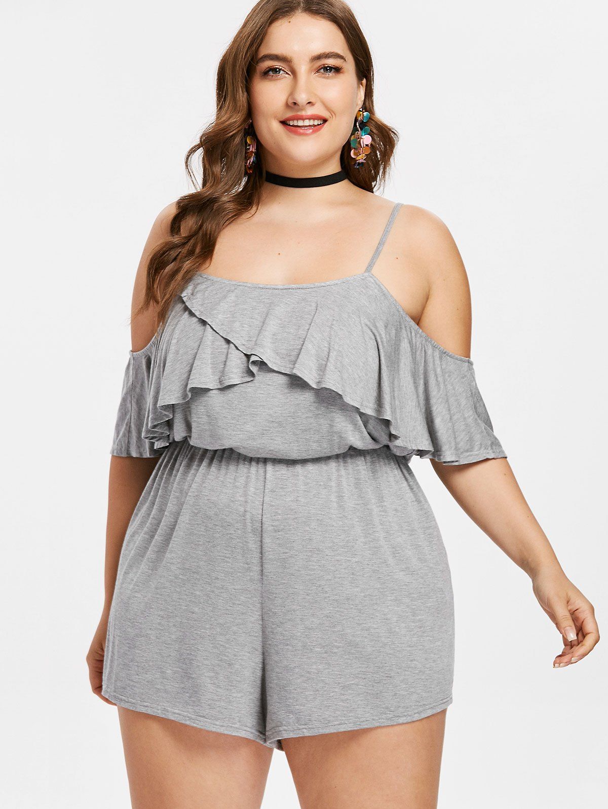

Plus Size Flounce Open Shoulder Romper, Light gray