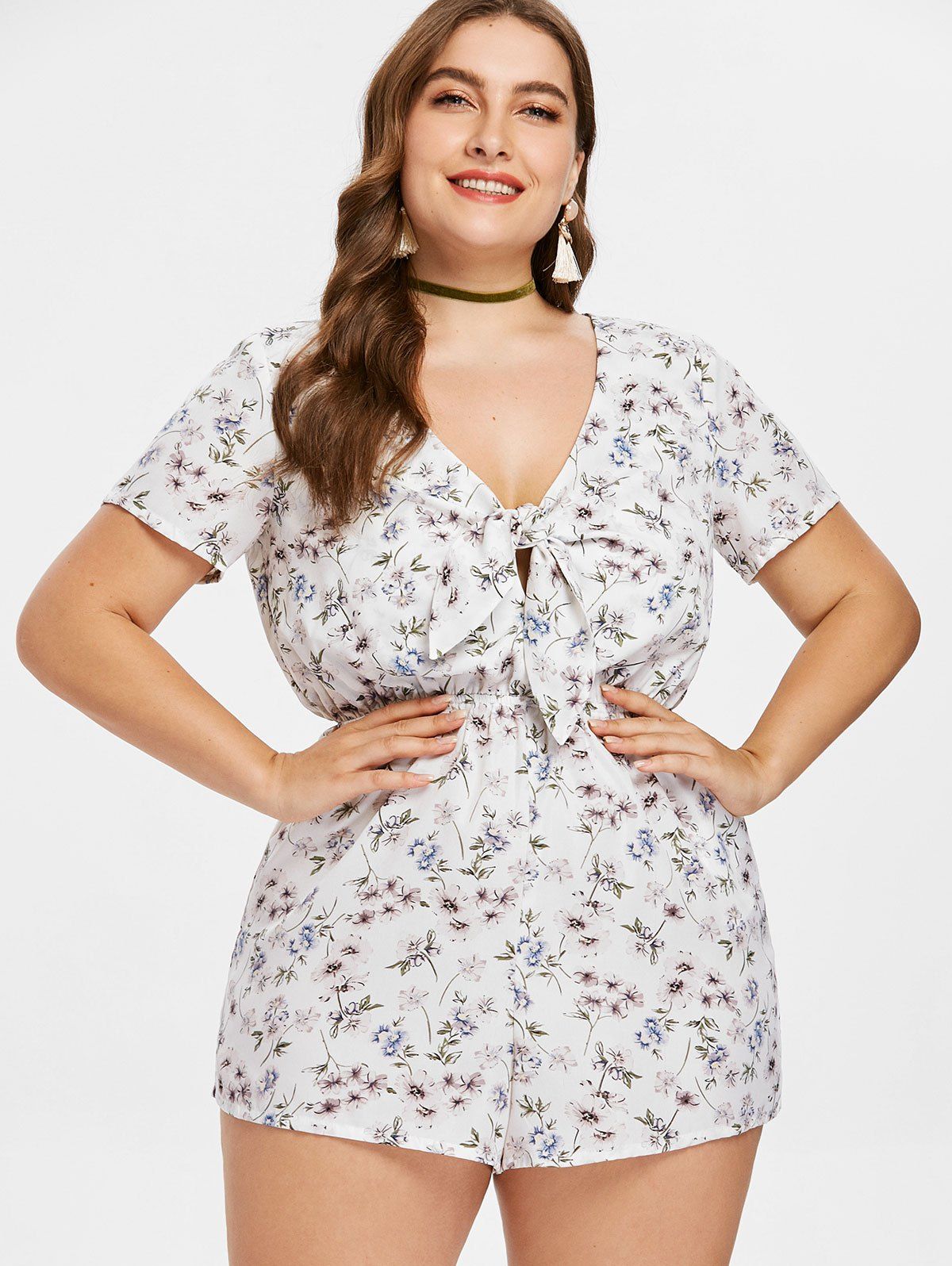 

Plus Size Plunge Floral Romper, White