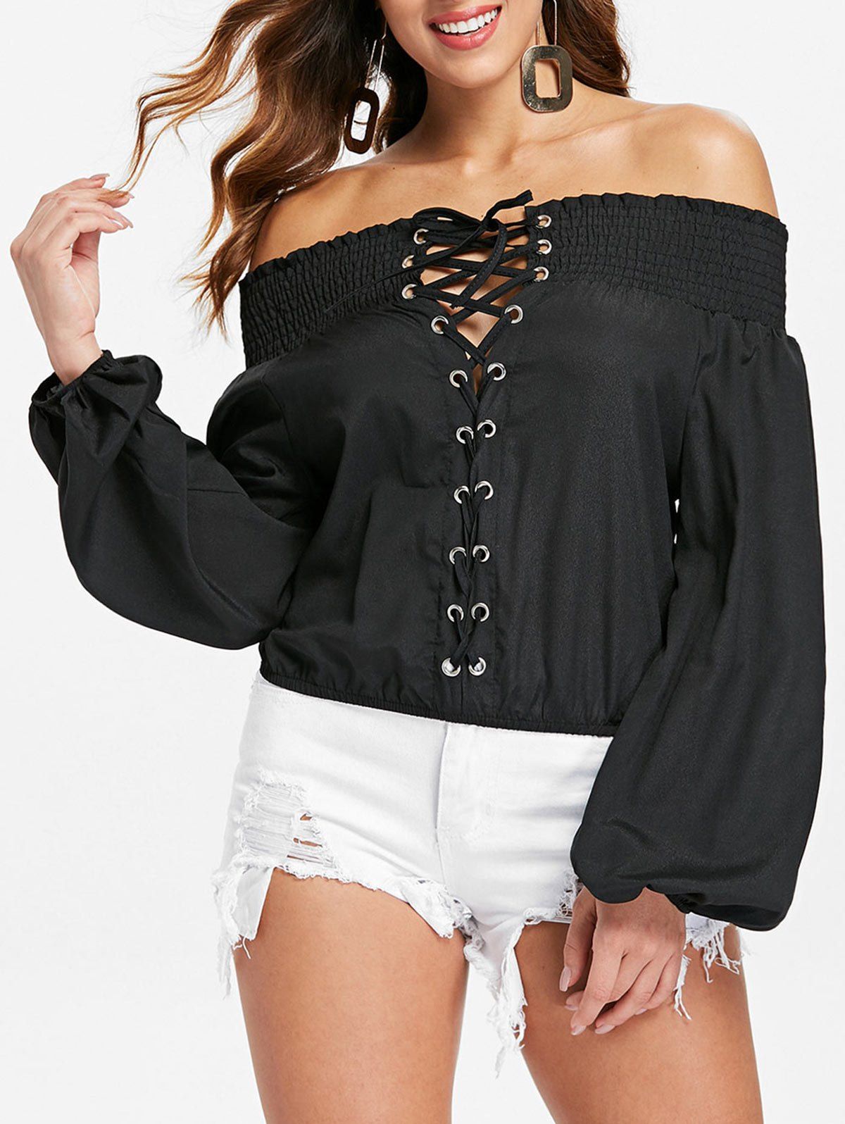 

Elastic Off The Shoulder Lace Up Blouse, Black