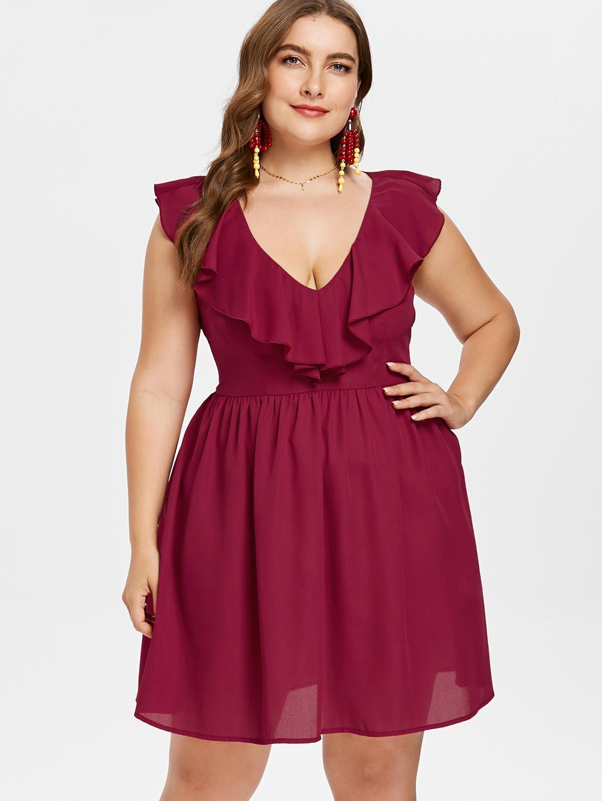 

Plus Size Ruffled A Line Dress, Red wine