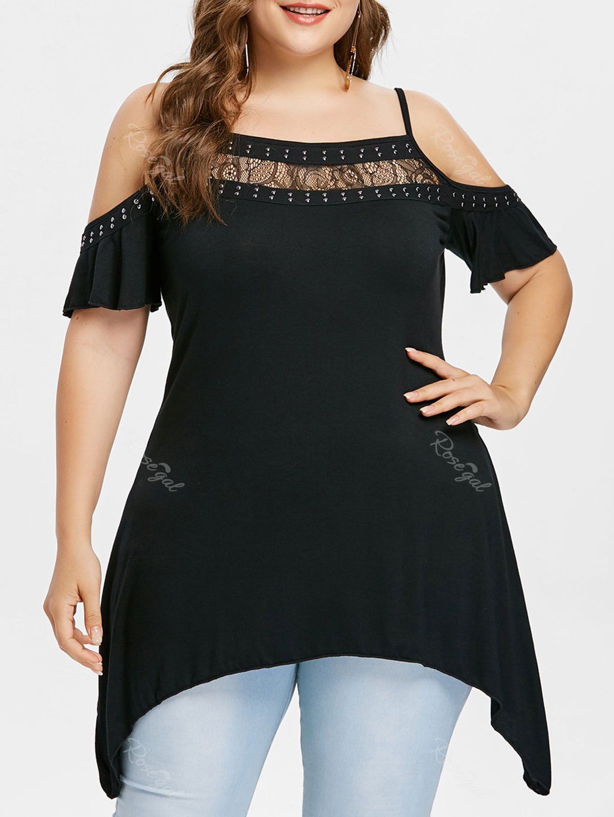 

Rivet Embellished Plus Size Cold Shoulder T-shirt, Black