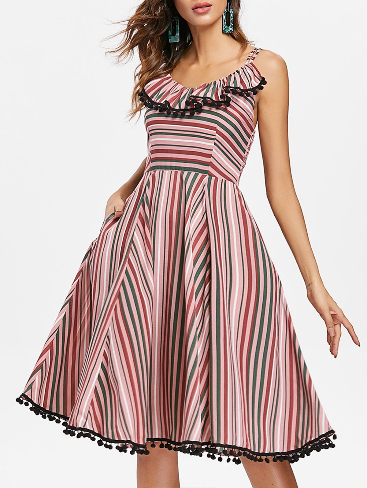 

Striped Ruffle Pompom Smock Back Vintage Dress, Multi