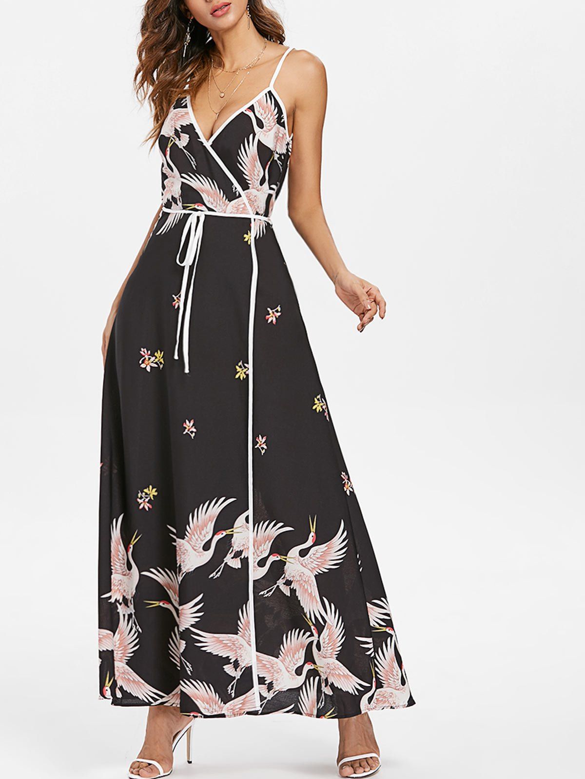 

Birds Print Spaghetti Strap Maxi Dress, Black