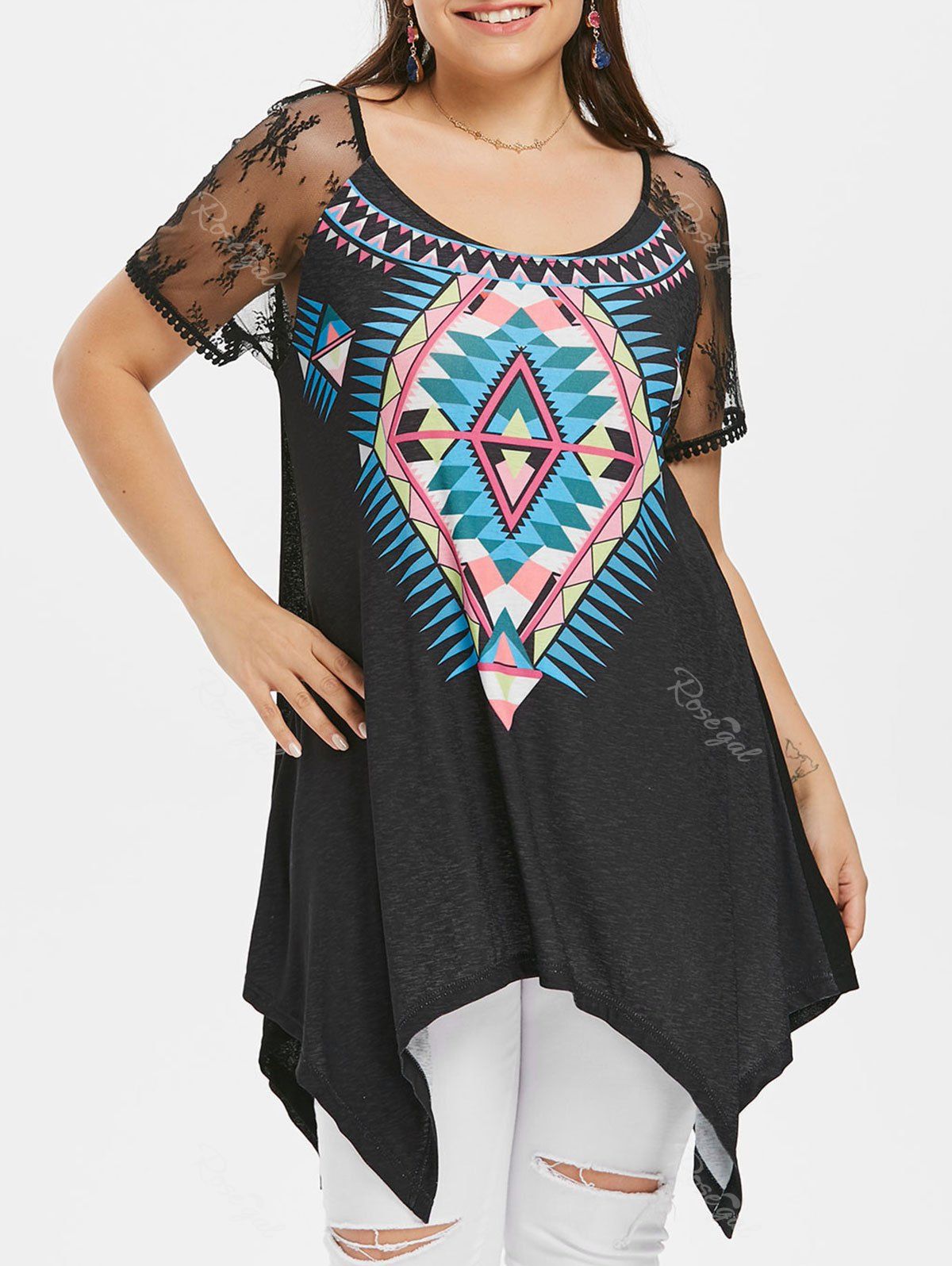 

Plus Size Tribal Print Handkerchief T-shirt, Black