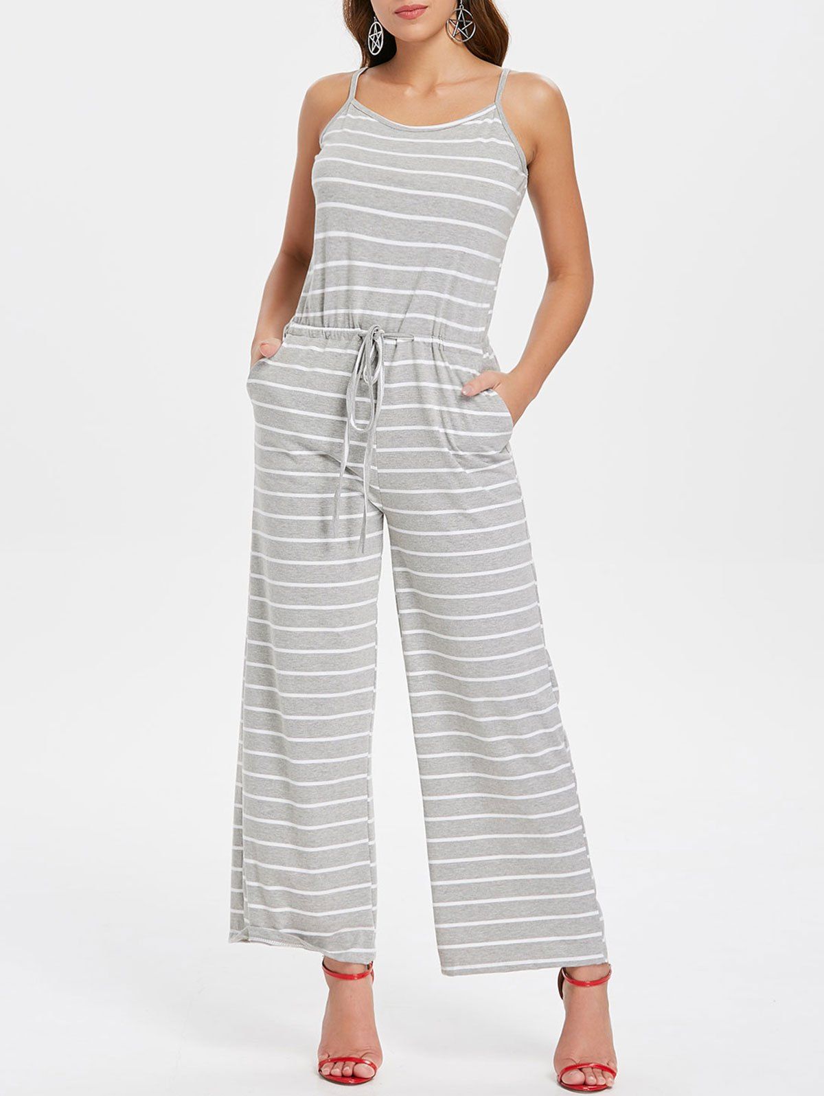

Drawstring Waist Striped Jumpsuit, Light gray