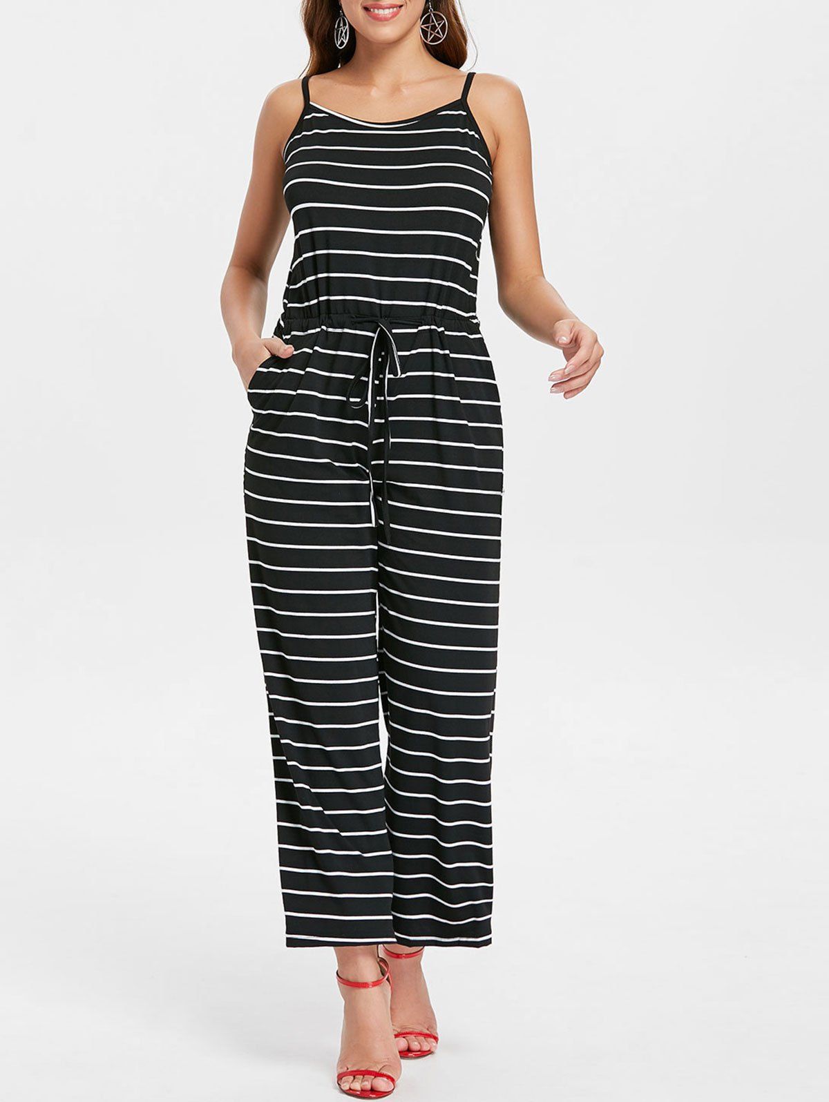 

Drawstring Waist Striped Jumpsuit, Black