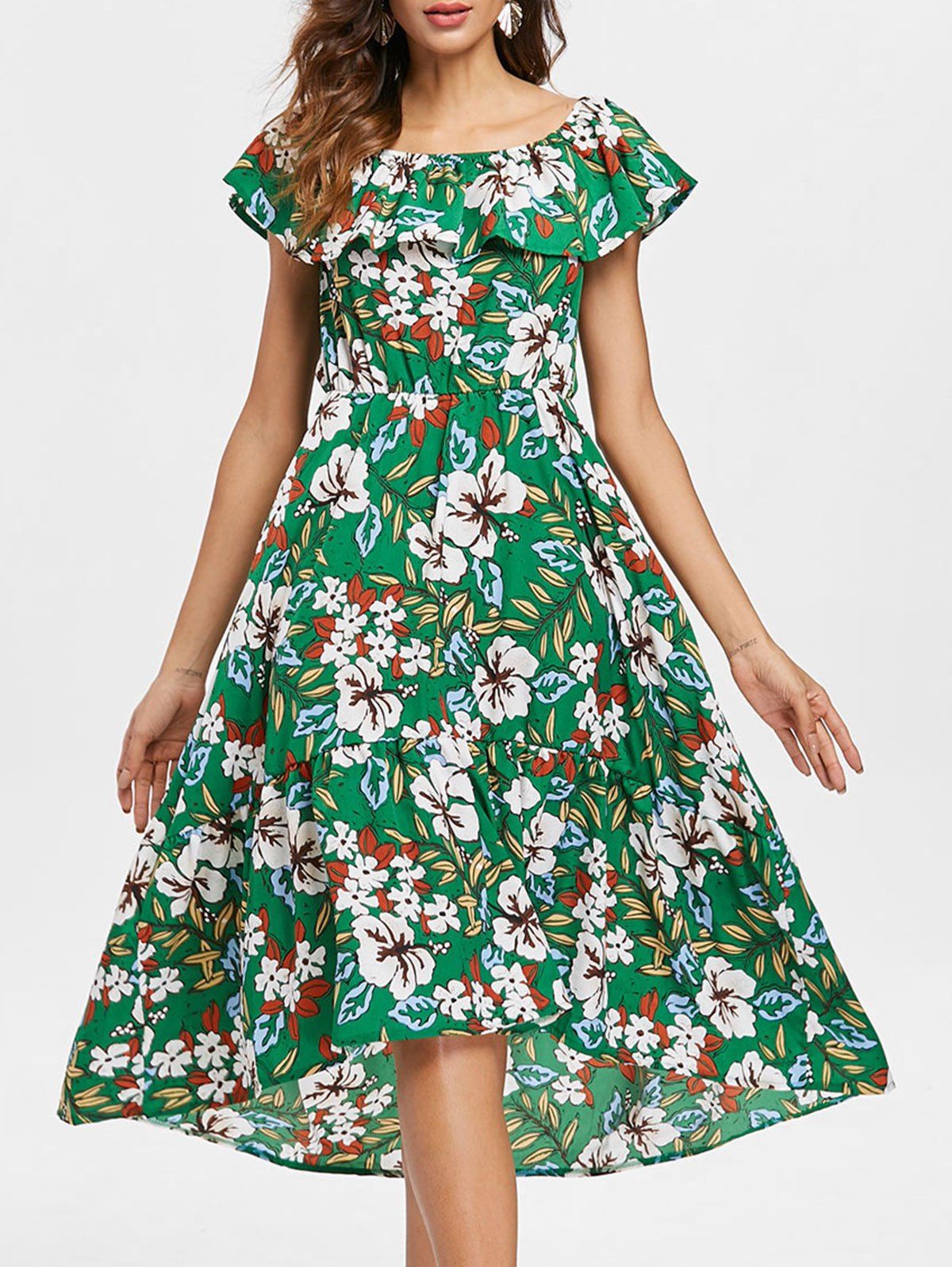 

Floral Flounced High Low Midi Dress, Green