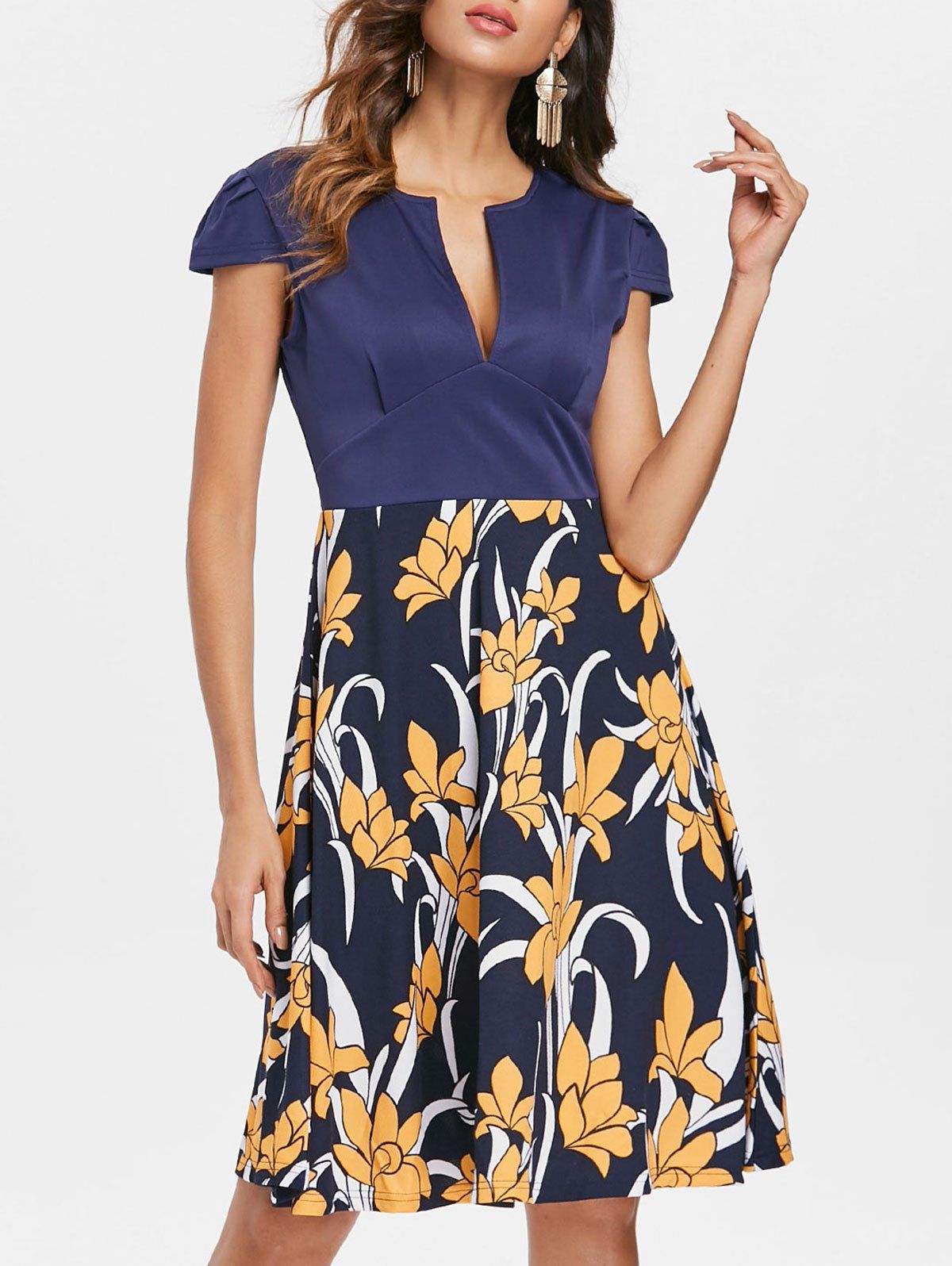 

Low Cut Floral A Line Dress, Deep blue