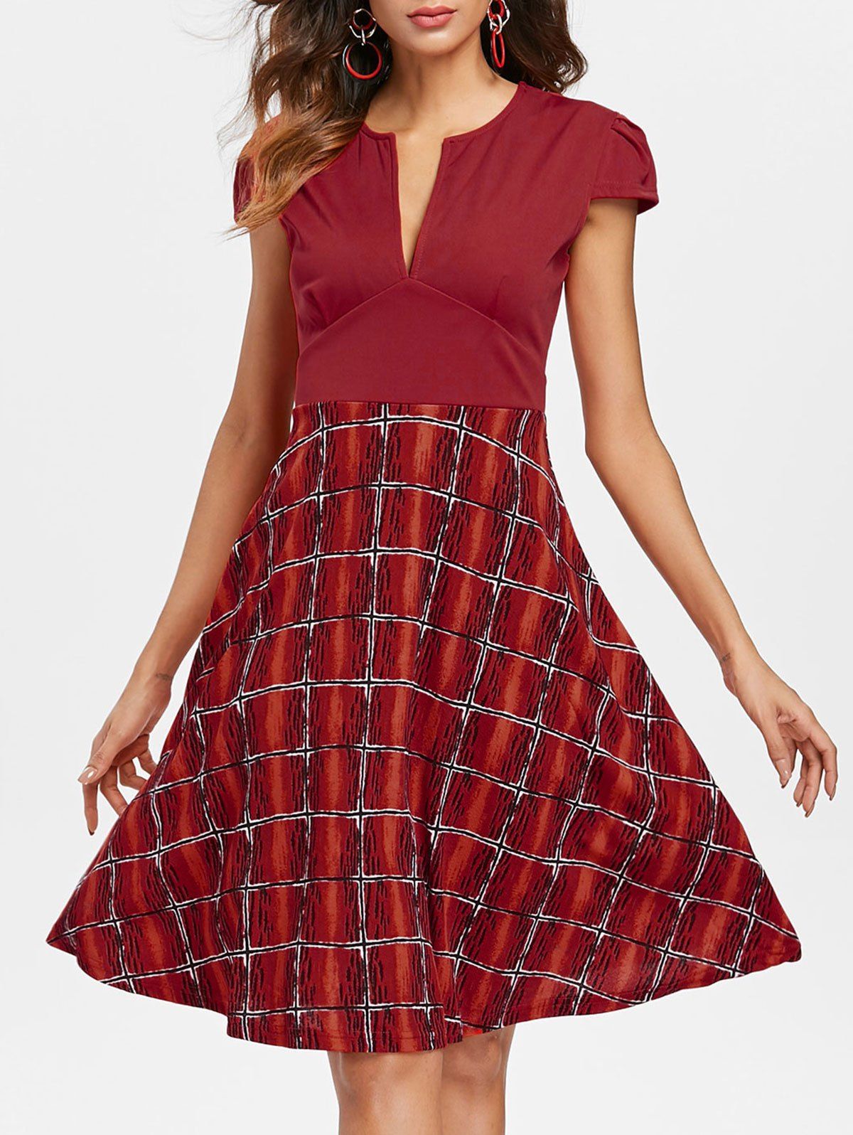 

V Neck Fit and Flare Dress, Cherry red