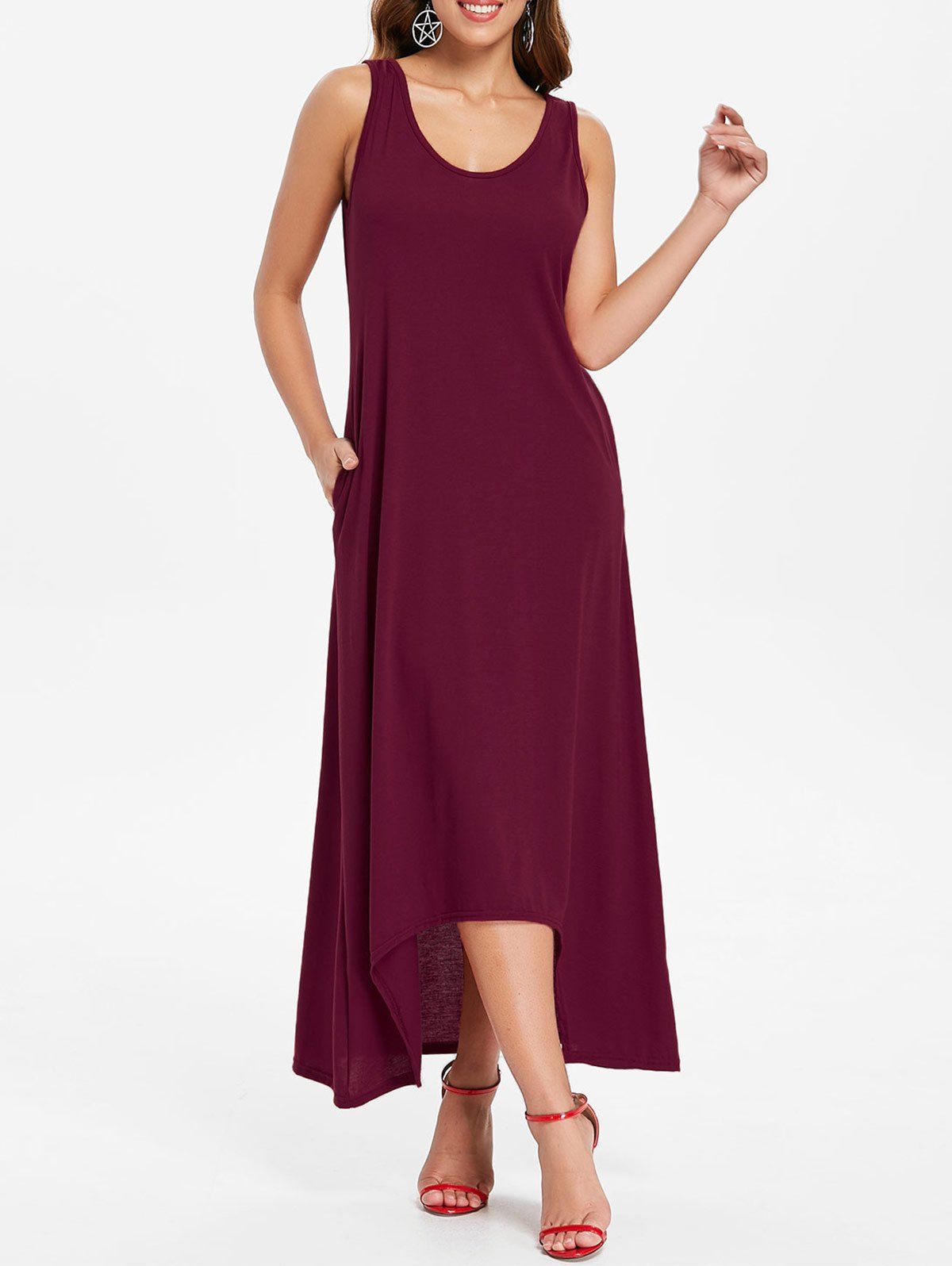 

Sleeveless Front Pockets Maxi Dress, Red wine
