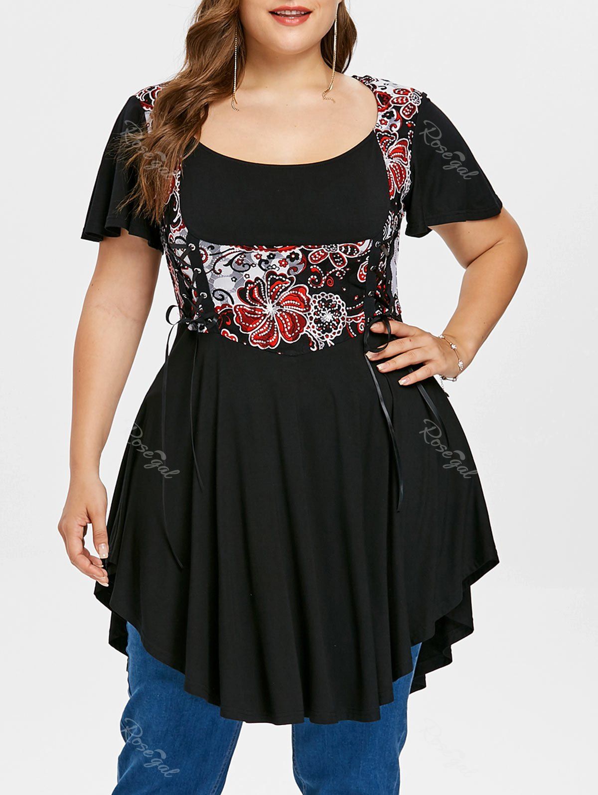 

Plus Size Lace Up Peplum T-shirt, Black