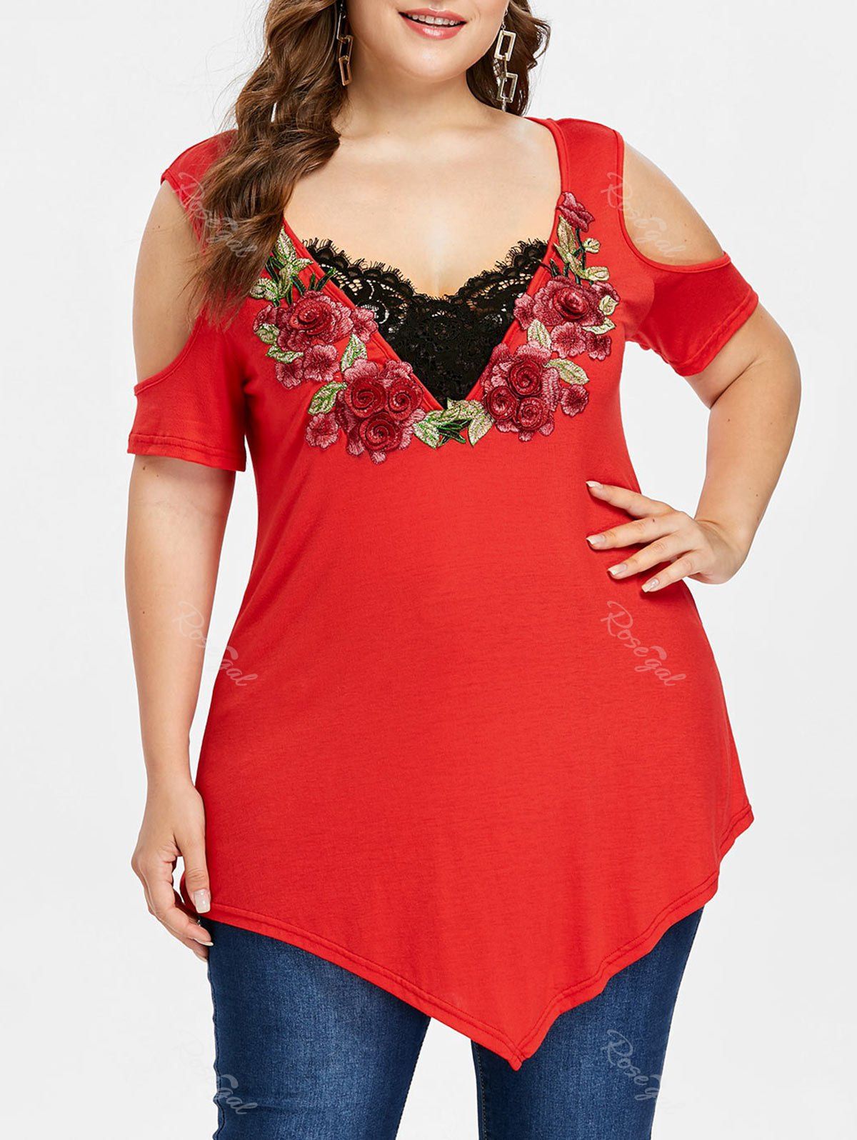 

Plus Size Cold Shoulder Embroidery T-shirt, Red