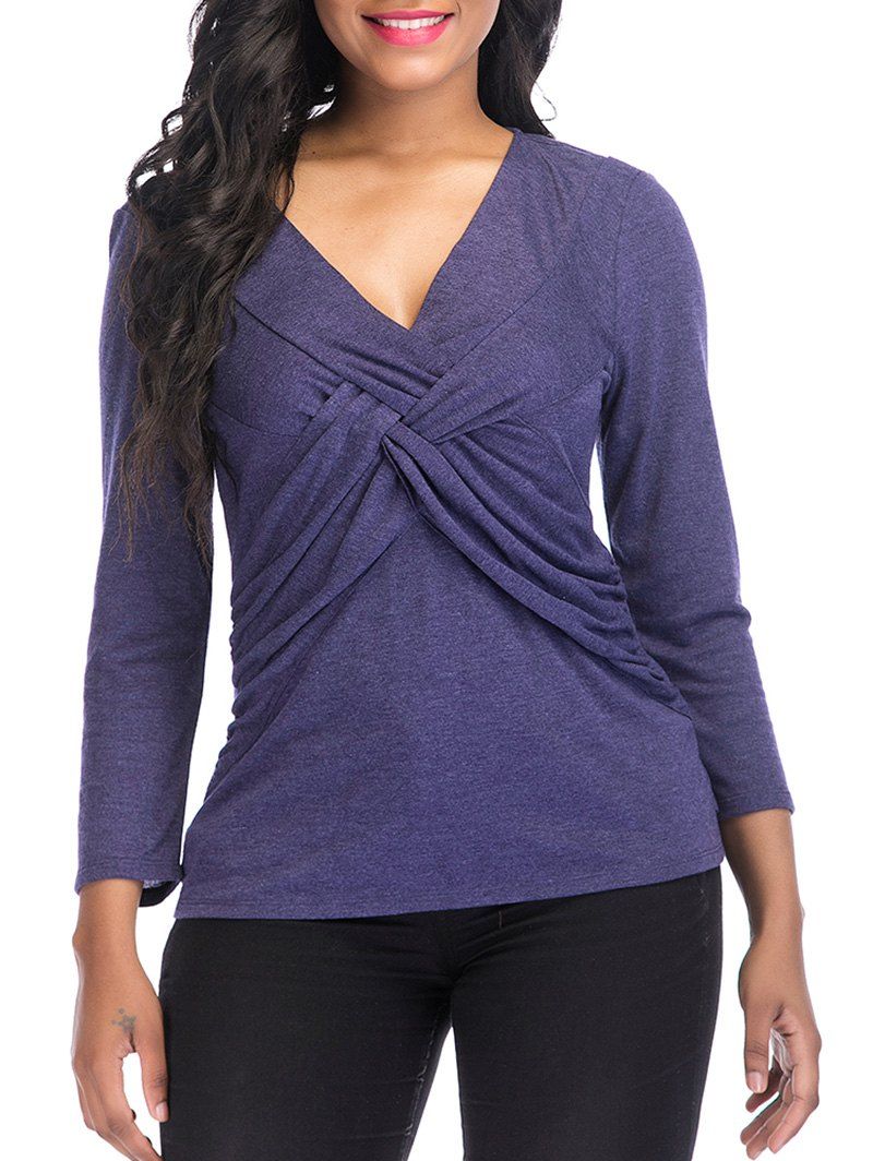 

V Neck knotted Front Long Sleeve Top, Dark slate blue
