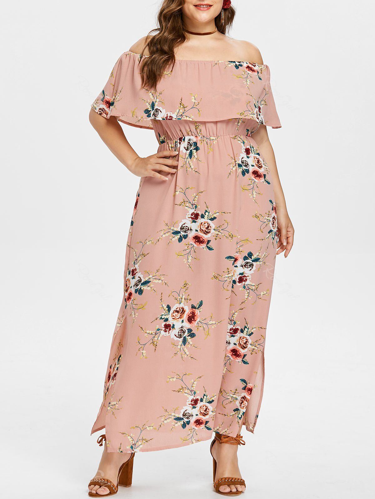 

Plus Size Floral Off Shoulder Dress, Orange pink