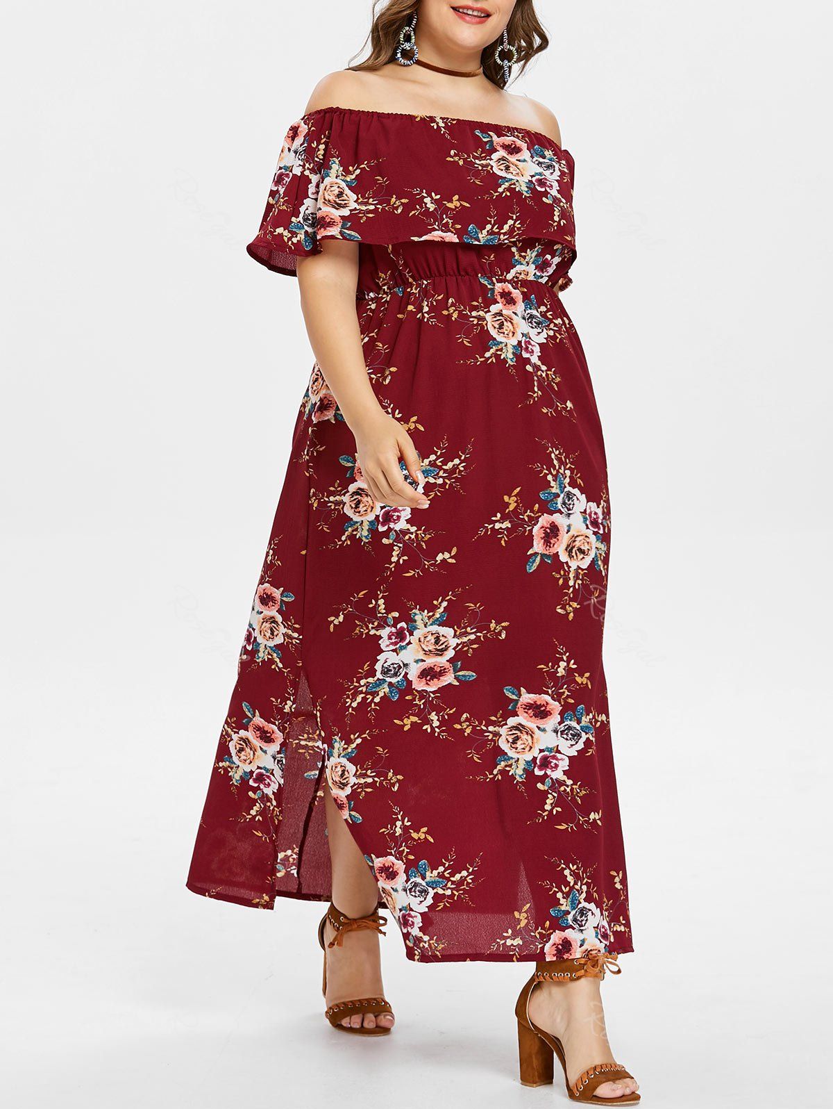 

Plus Size Floral Off Shoulder Dress, Red wine