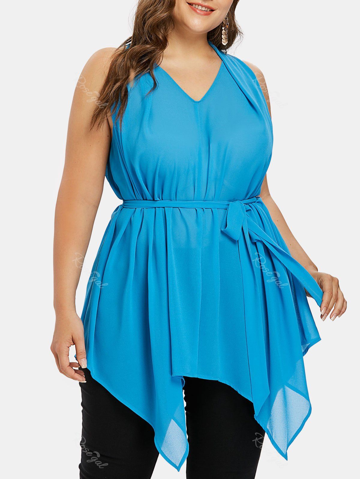 

Asymmetrical V Neck Plus Size Top, Sky blue