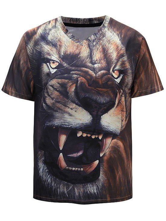 

3D Lion Roaring Print Short Sleeve Casual T-shirt, Taupe