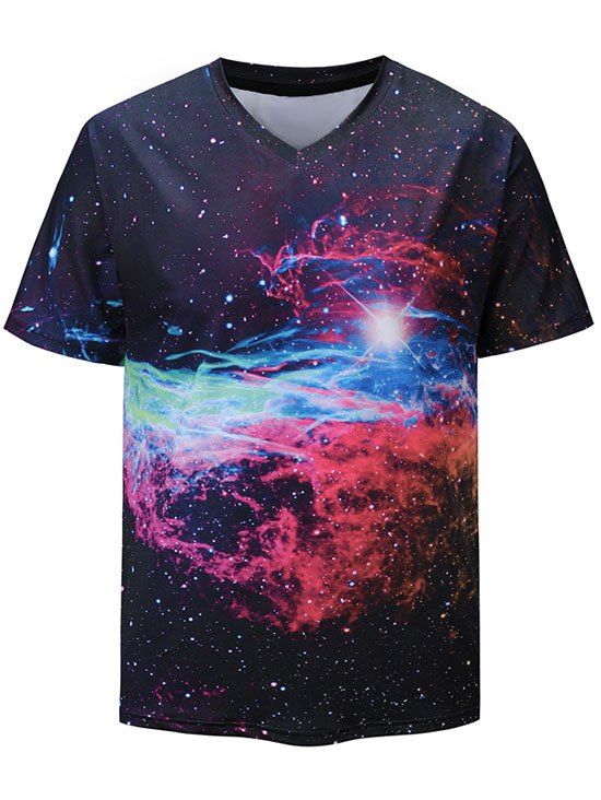 

3D Galaxy Print V-neck Casual T-shirt, Night