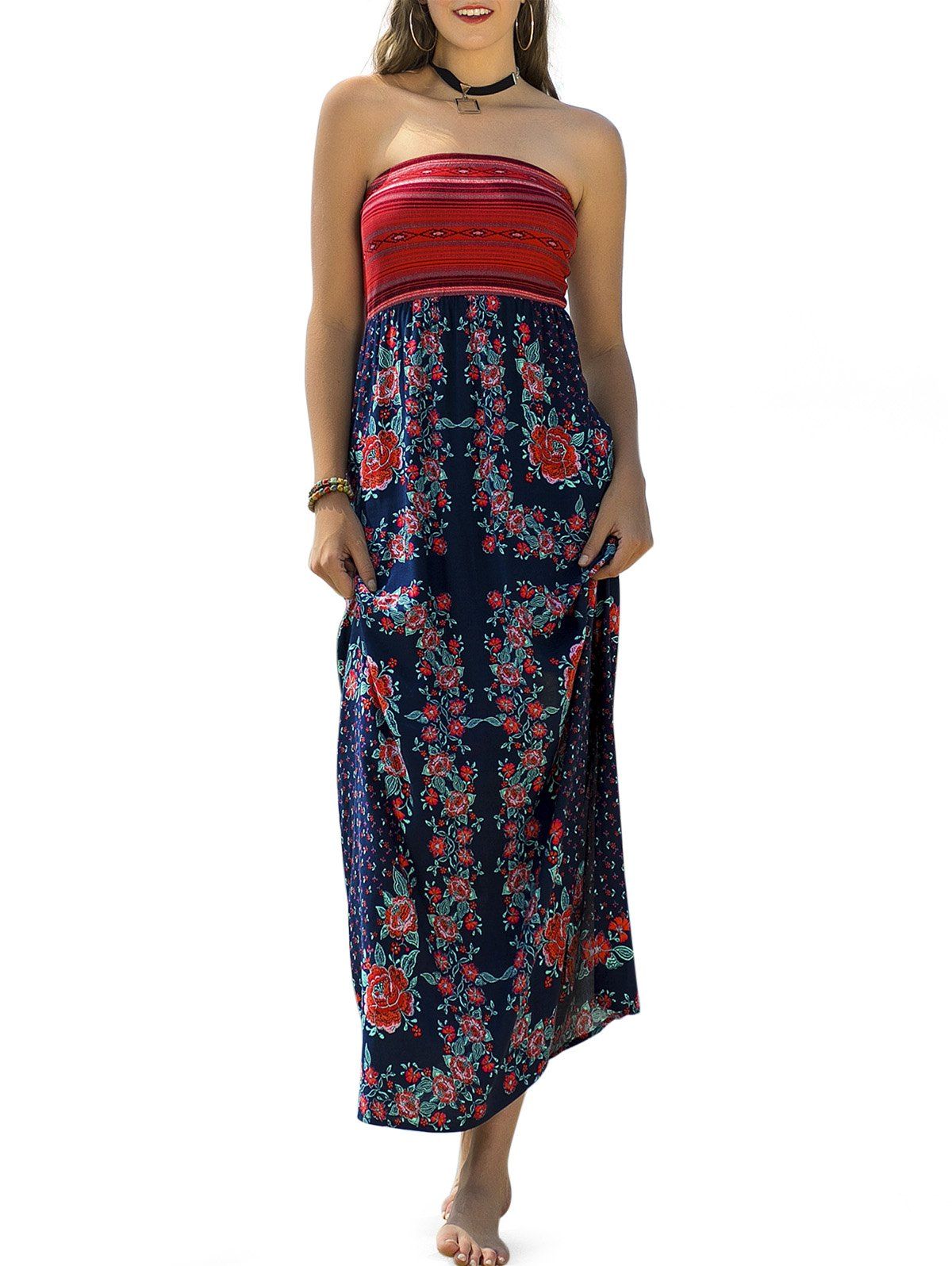 

Vacation Style Strapless Floral Printed Dress, Multi-a