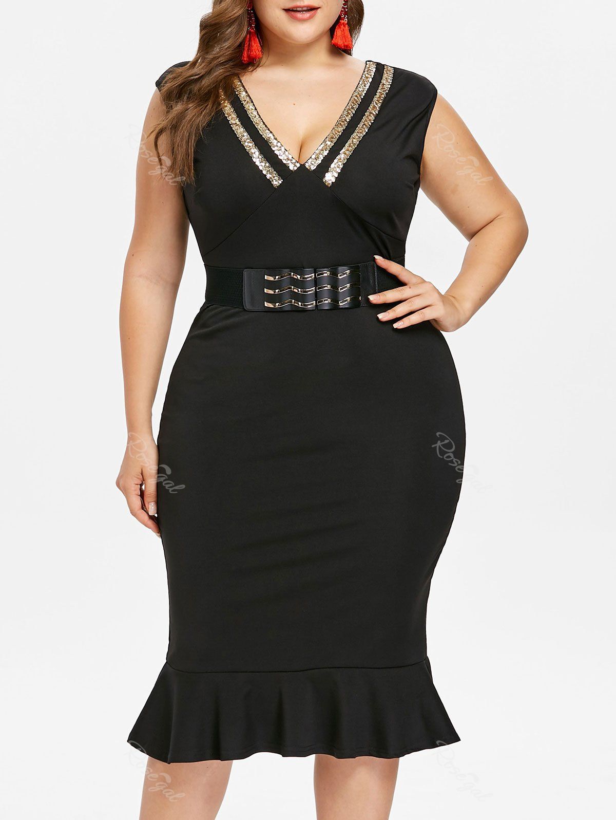 

Plus Size Sleeveless Knee Length Mermaid Dress, Black