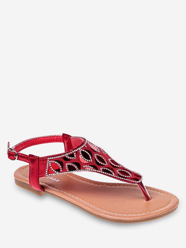 

Crystals Buckled Flat Heel Beach Thong Sandals, Lava red