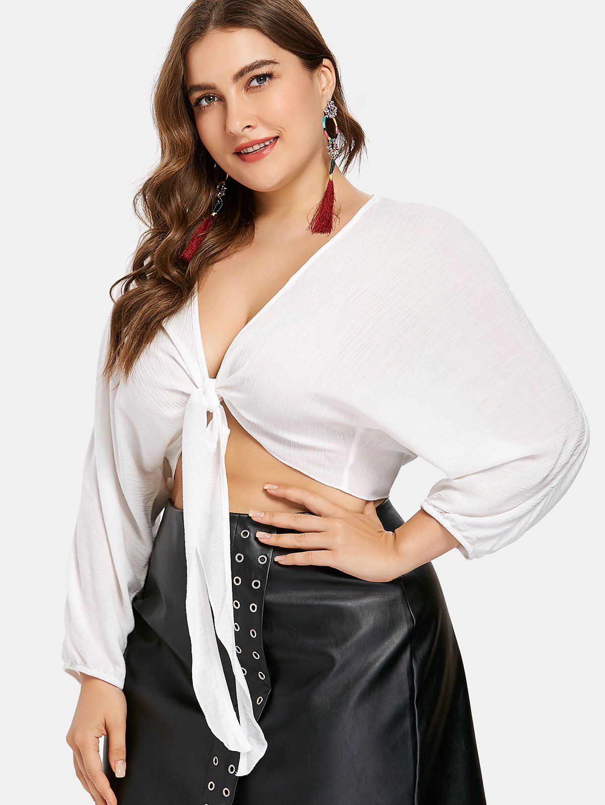 

Plus Size Knot Front Plunge Top, White