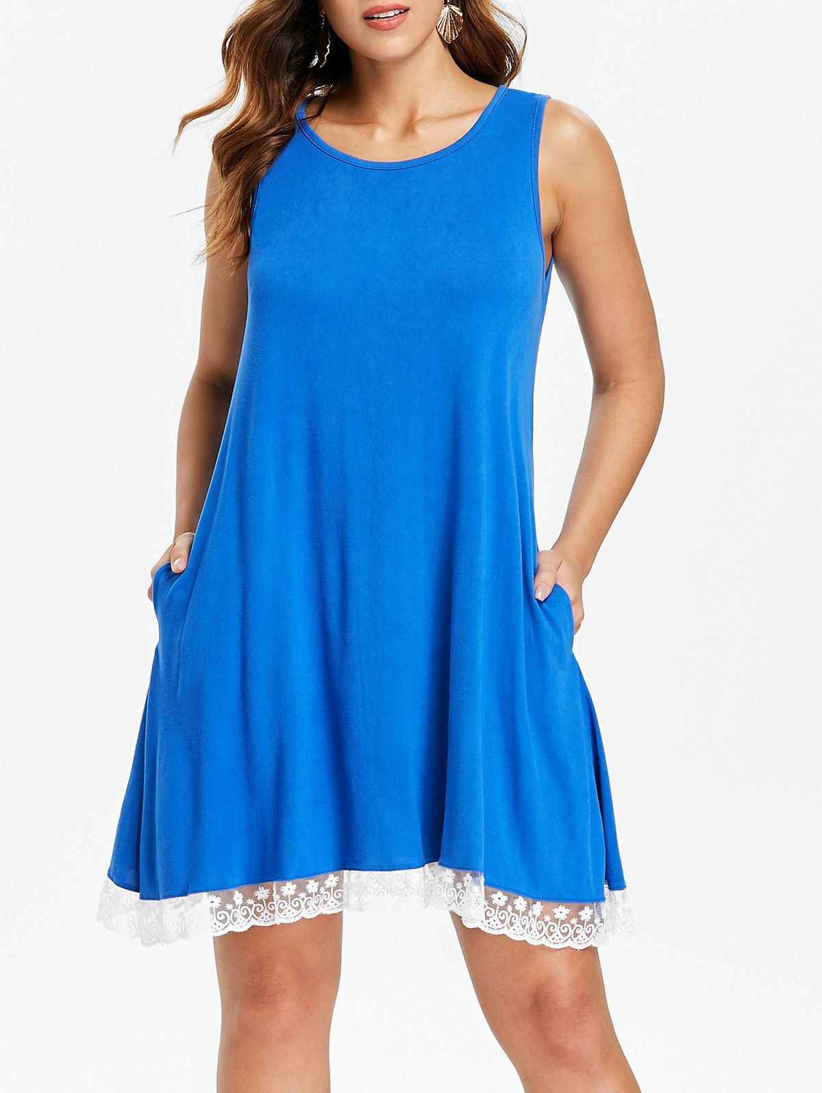 

Lace Hemline Sleeveless Shift Dress, Blue