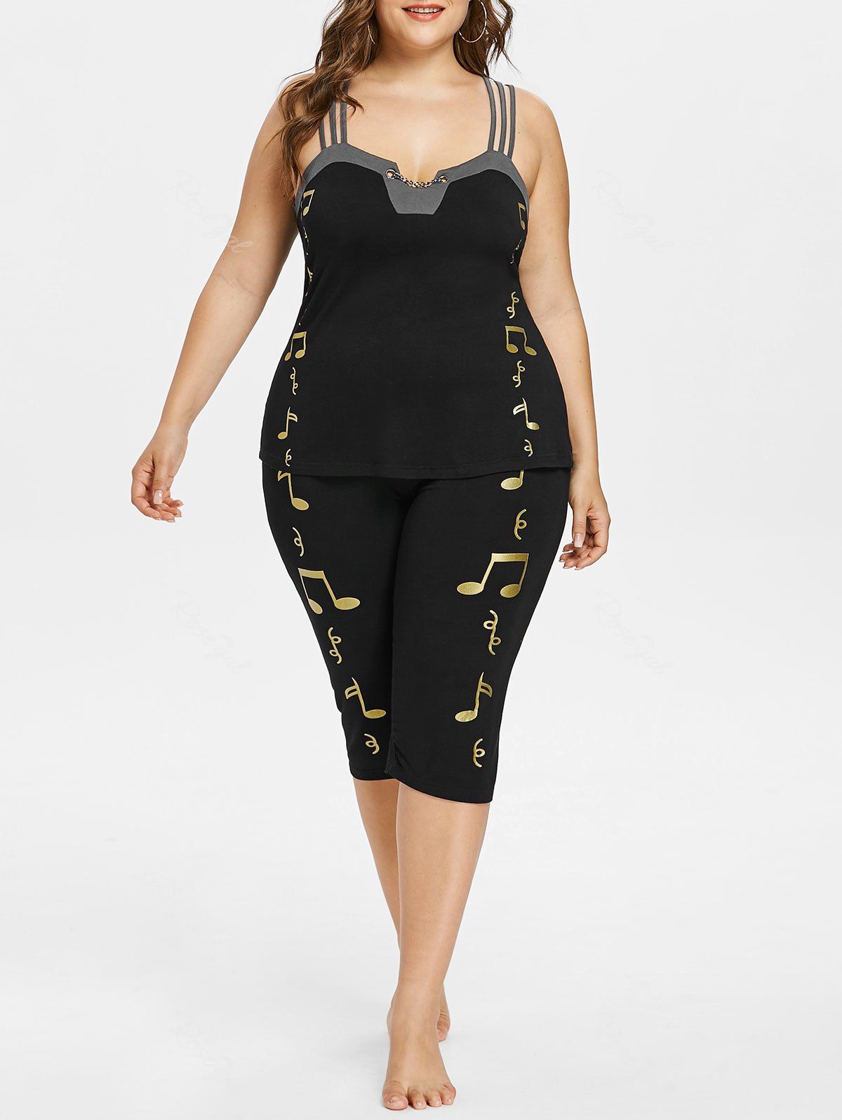 

Plus Size Strappy Top and Music Notes Capri Leggings, Black